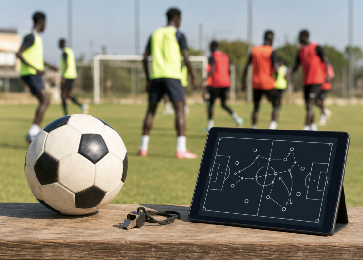 Ballon, sifflet et tablette tactique posés sur un banc devant un terrain d’entraînement de football.