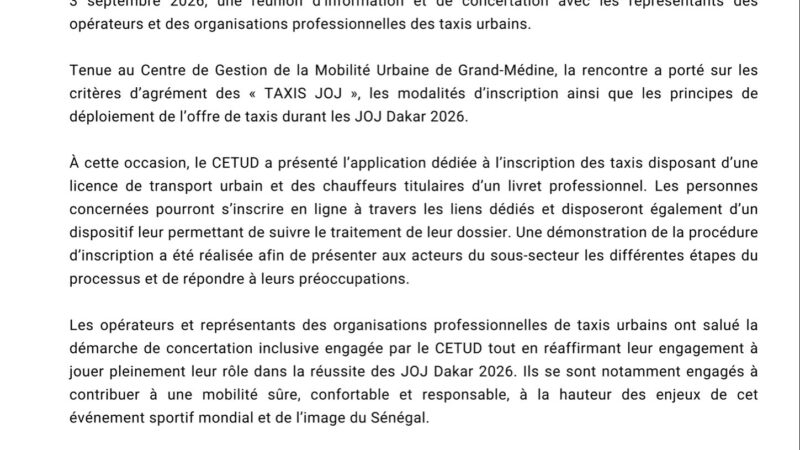 JOJ Dakar 2026 : le CETUD ouvre les inscriptions en ligne pour les taxis urbains