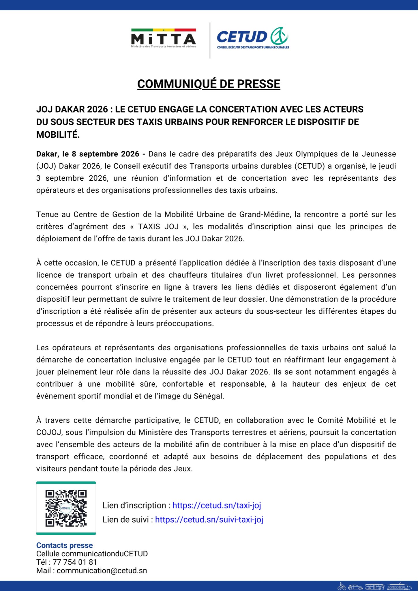 JOJ Dakar 2026 : le CETUD ouvre les inscriptions en ligne pour les taxis urbains
