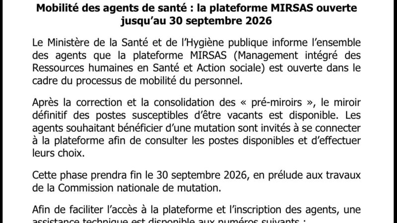 Mobilité des agents de santé : la plateforme MIRSAS ouverte jusqu&rsquo;au 30 septembre 2026