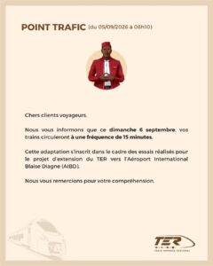 TER : fréquence de 15 minutes ce dimanche 6 septembre pour essais vers l&rsquo;AIBD