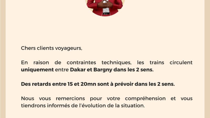 TER : trafic limité entre Dakar et Bargny, retards de 15 à 20 minutes ce 8 septembre