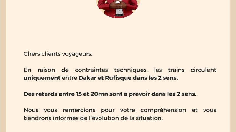 Trafic TER limité entre Dakar et Rufisque ce 8 septembre, retards de 15 à 20 minutes