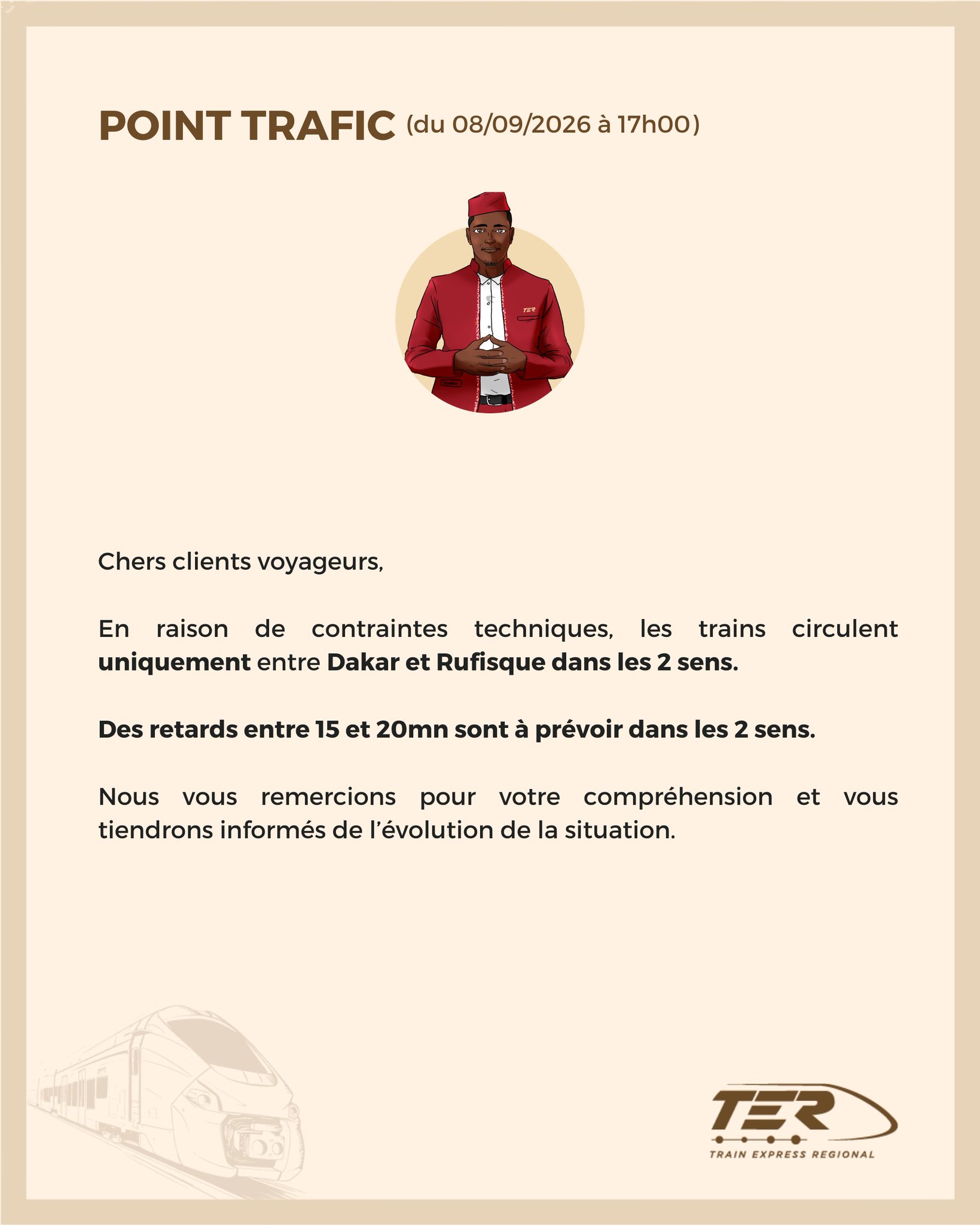 Trafic TER limité entre Dakar et Rufisque ce 8 septembre, retards de 15 à 20 minutes