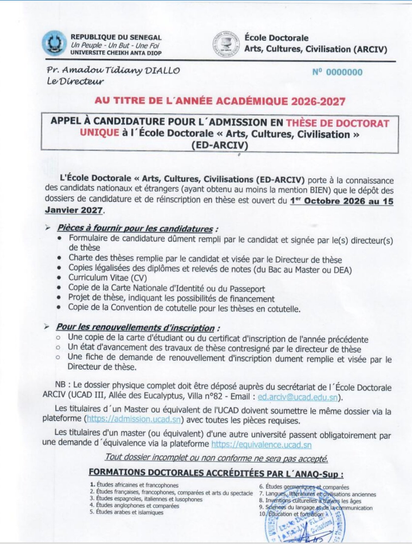 UCAD : dépôt des dossiers de thèse ED-ARCIV du 1er octobre 2026 au 15 janvier 2027