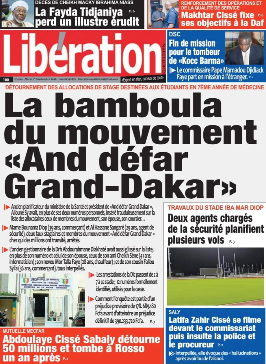 Découvrez les Unes des journaux sénégalais du mardi 1er septembre 2026