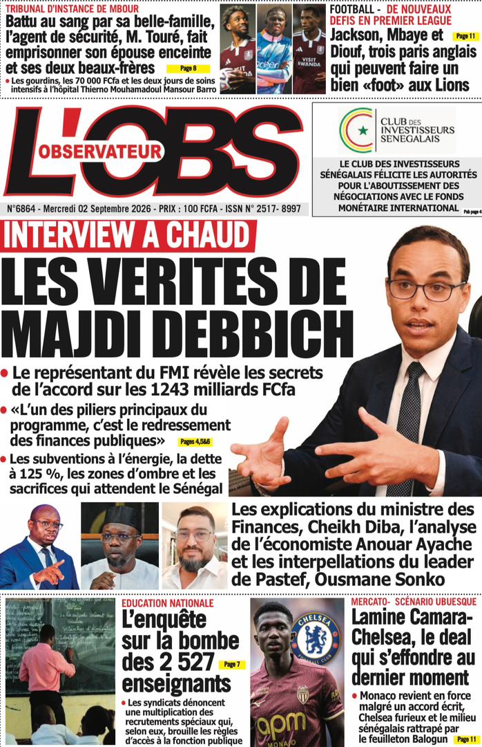 Découvrez les Unes des journaux sénégalais du mercredi 02 septembre 2026