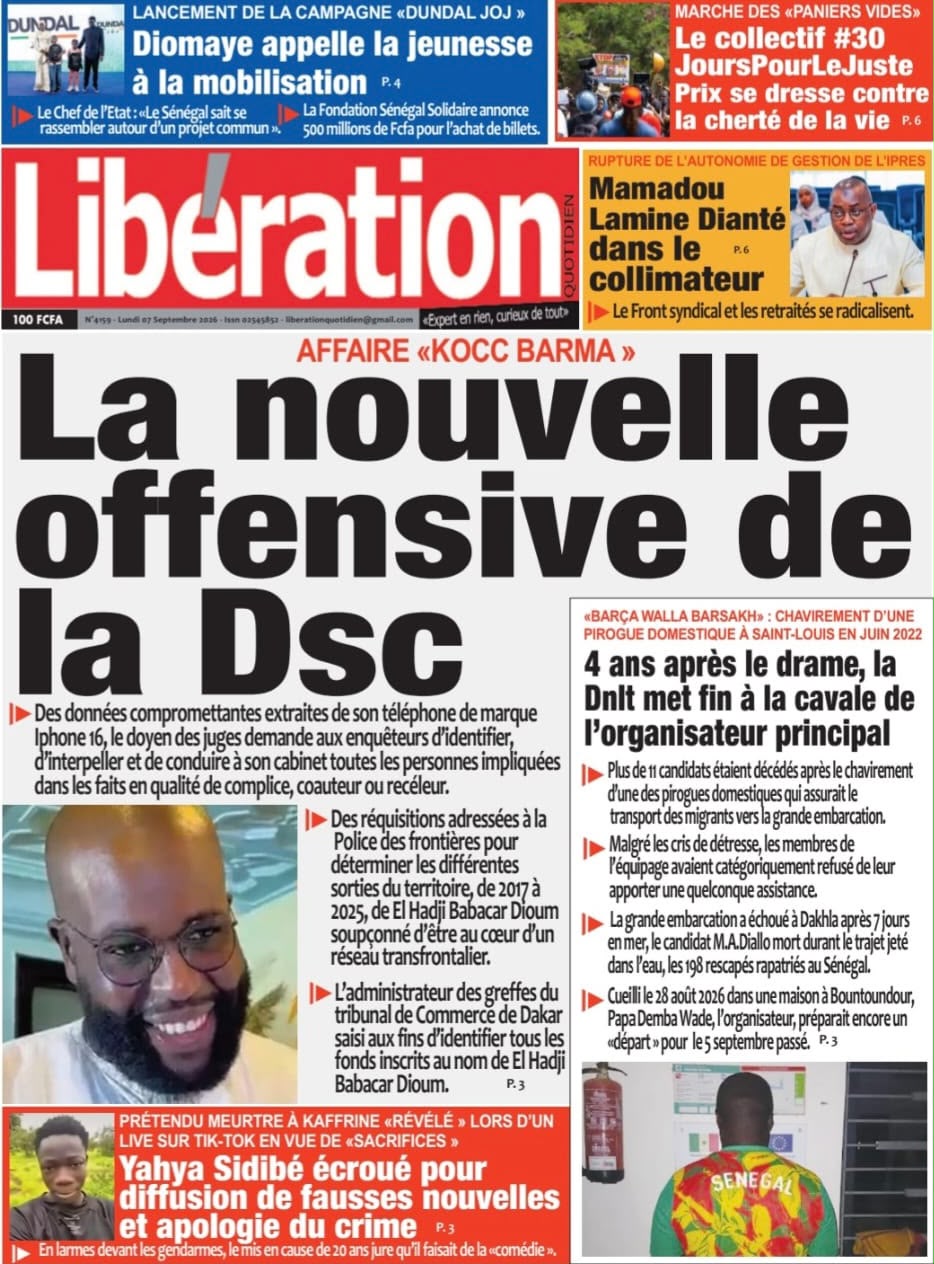 Découvrez les Unes des journaux sénégalais du lundi 07 septembre 2026