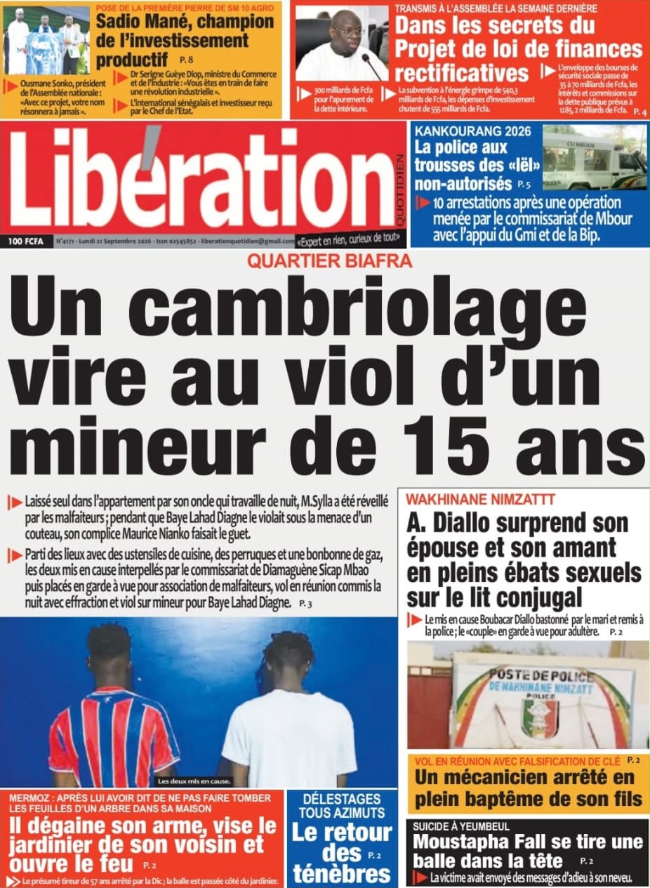 Découvrez les Unes des journaux sénégalais du lundi 21 septembre 2026