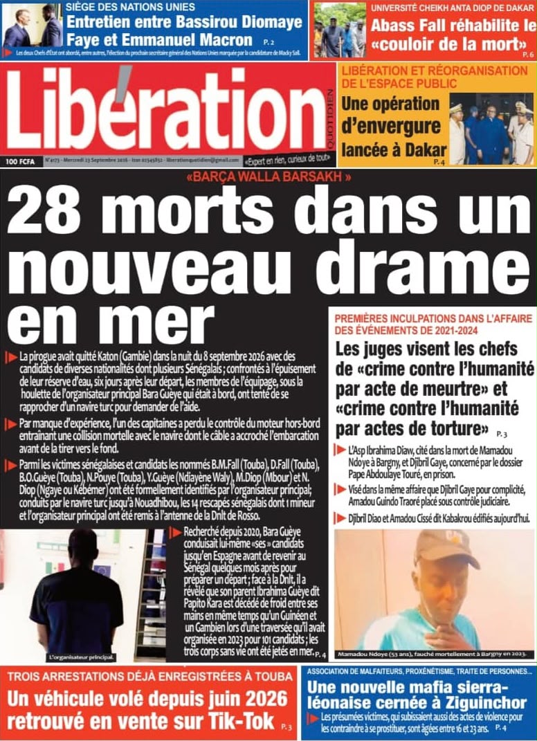 Découvrez les Unes des journaux sénégalais du mercredi 23 septembre 2026