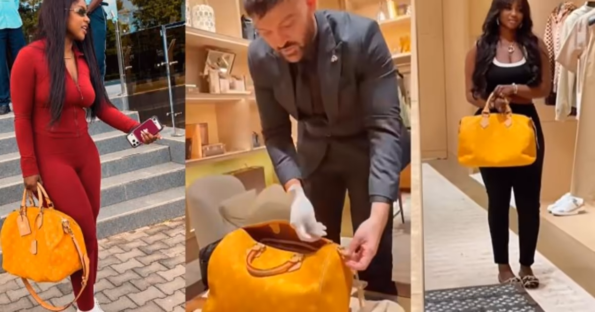 Mia Guissé avec un sac jaune Louis Vuitton présenté dans une malle de la marque