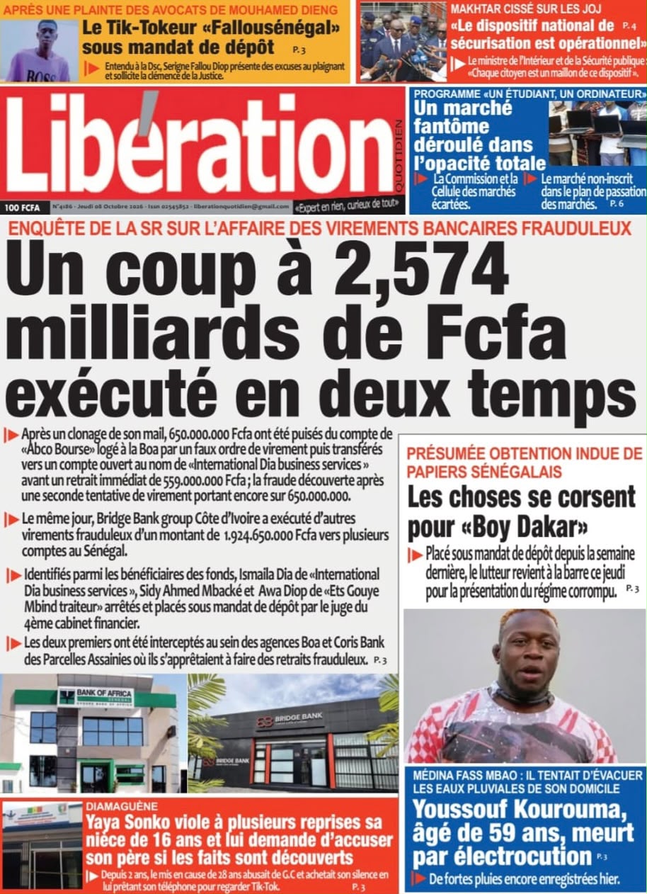 Découvrez les Unes des journaux sénégalais du jeudi 08 octobre 2026