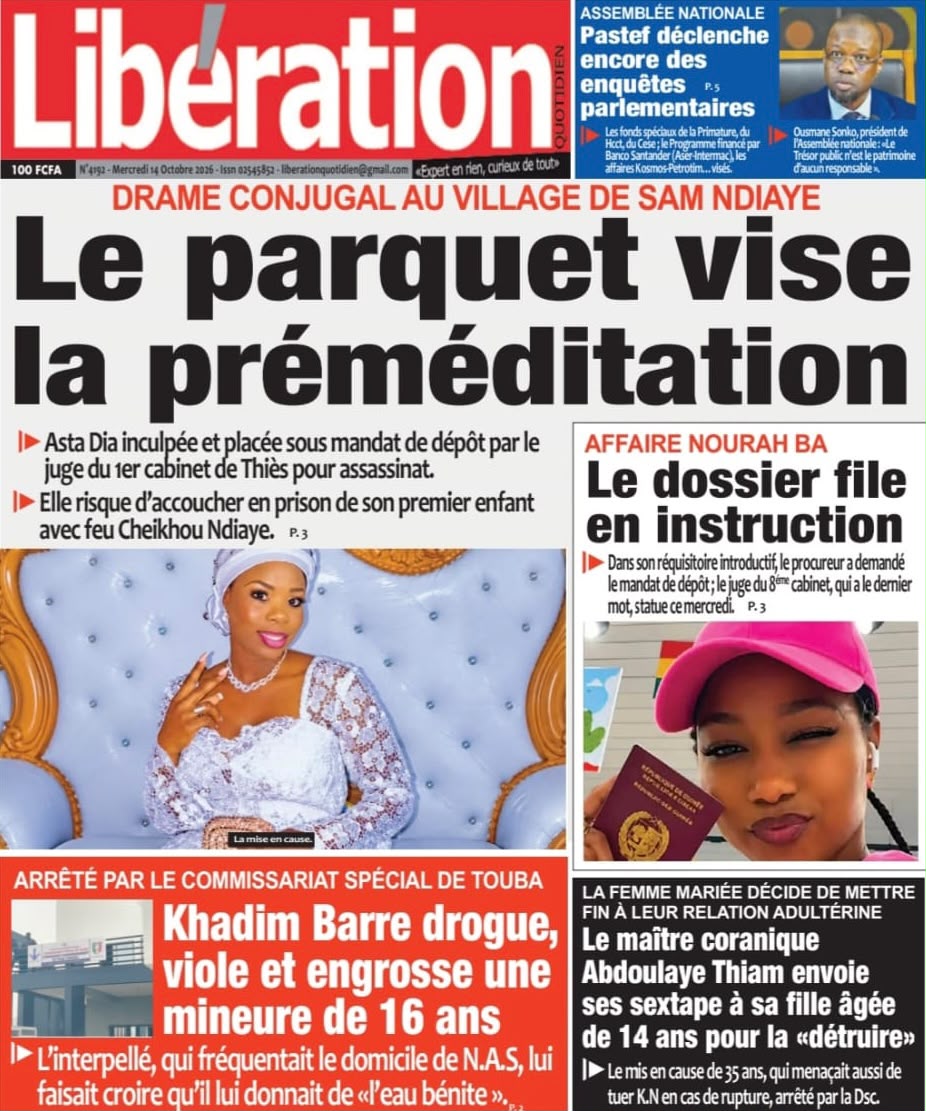 Découvrez les Unes des journaux sénégalais du mercredi 14 octobre 2026